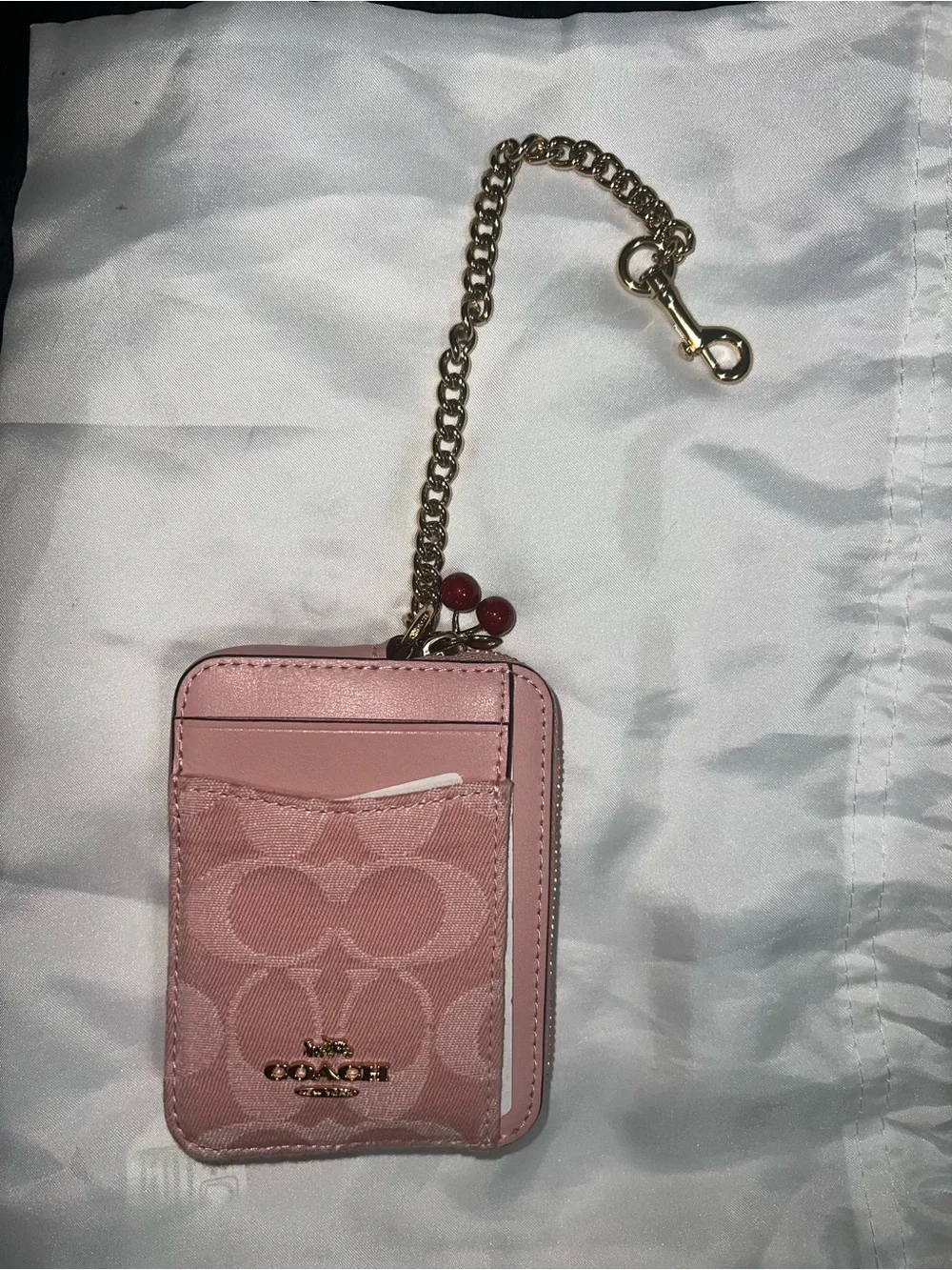 Coach Pink Denim Signature Card Zip Case w/ Gold Chain & Cherry Charm